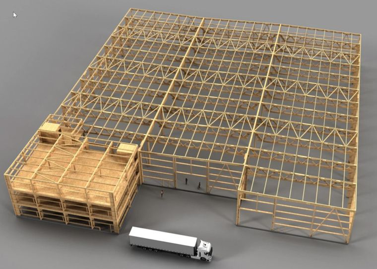 Computervisualisierung des Holztragwerks im Planungsstadium: das 3D-Modell zeigt die Hallenbinder, den mehrgeschossigen Bürotrakt mit Mezzanine und einen Sattelzug als Maßstabsreferenz.
