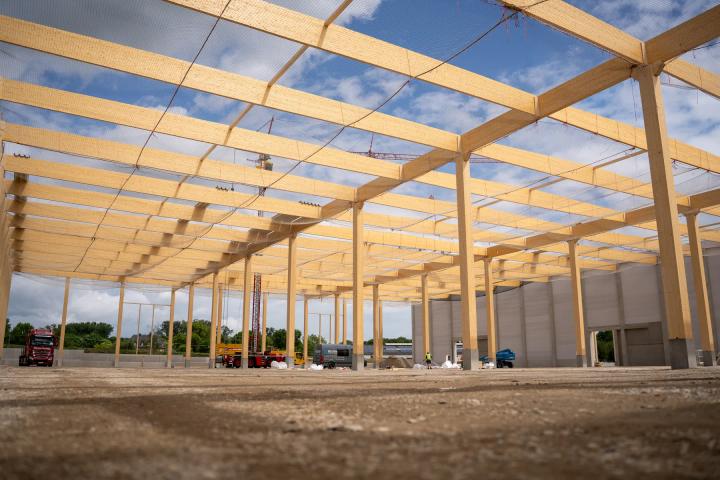 Holztragwerk der SEGRO-Logistikhalle im Bau, Hallenraster aus Stützen und Bindern
