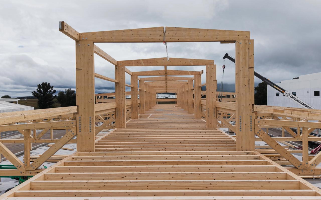 Blick längs durch das errichtete Hallentragwerk aus Brettschichtholz