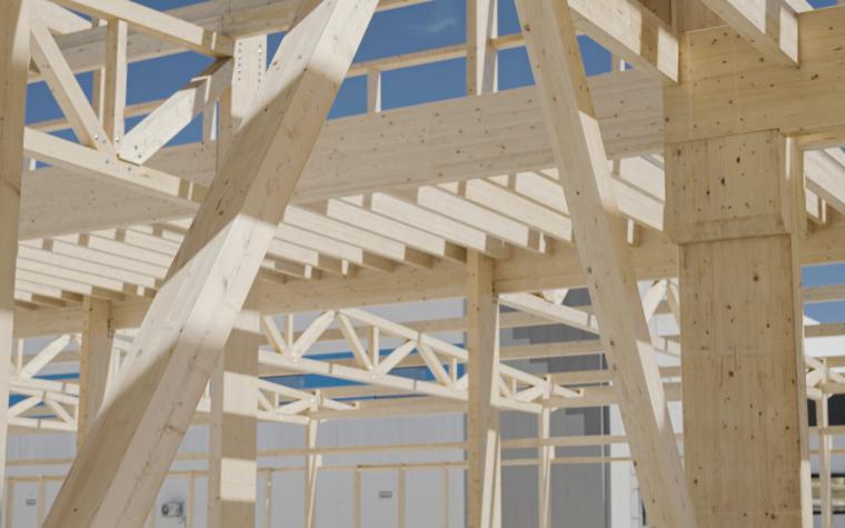 Innenansicht des Holztragwerks mit Fachwerkträgern