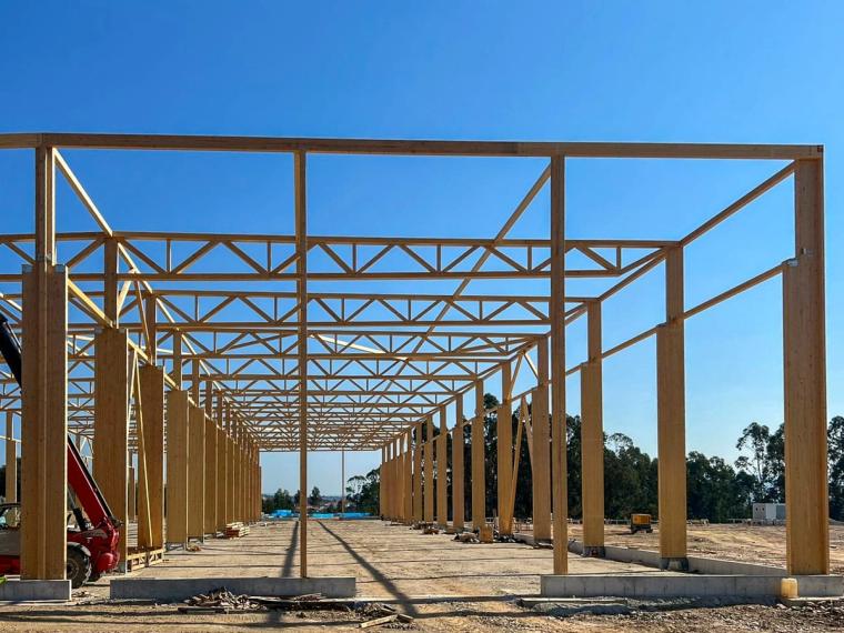 Blick in die Längsachse der Halle mit fluchtenden Holzstützen und Fachwerkbindern über dem Betonfundament