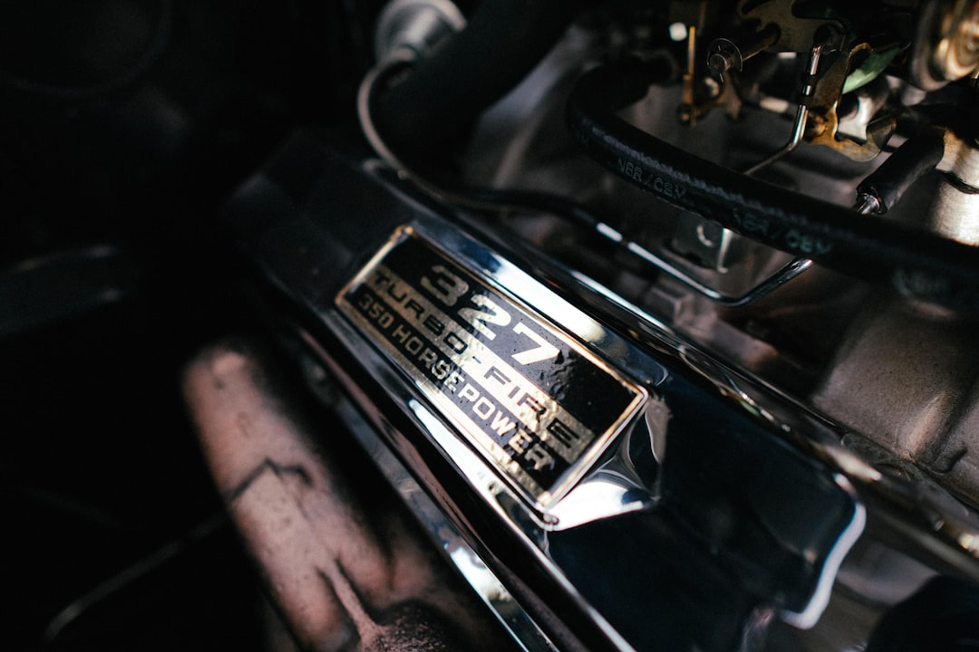Close-up of a vintage 327 cubic inch v8 engine