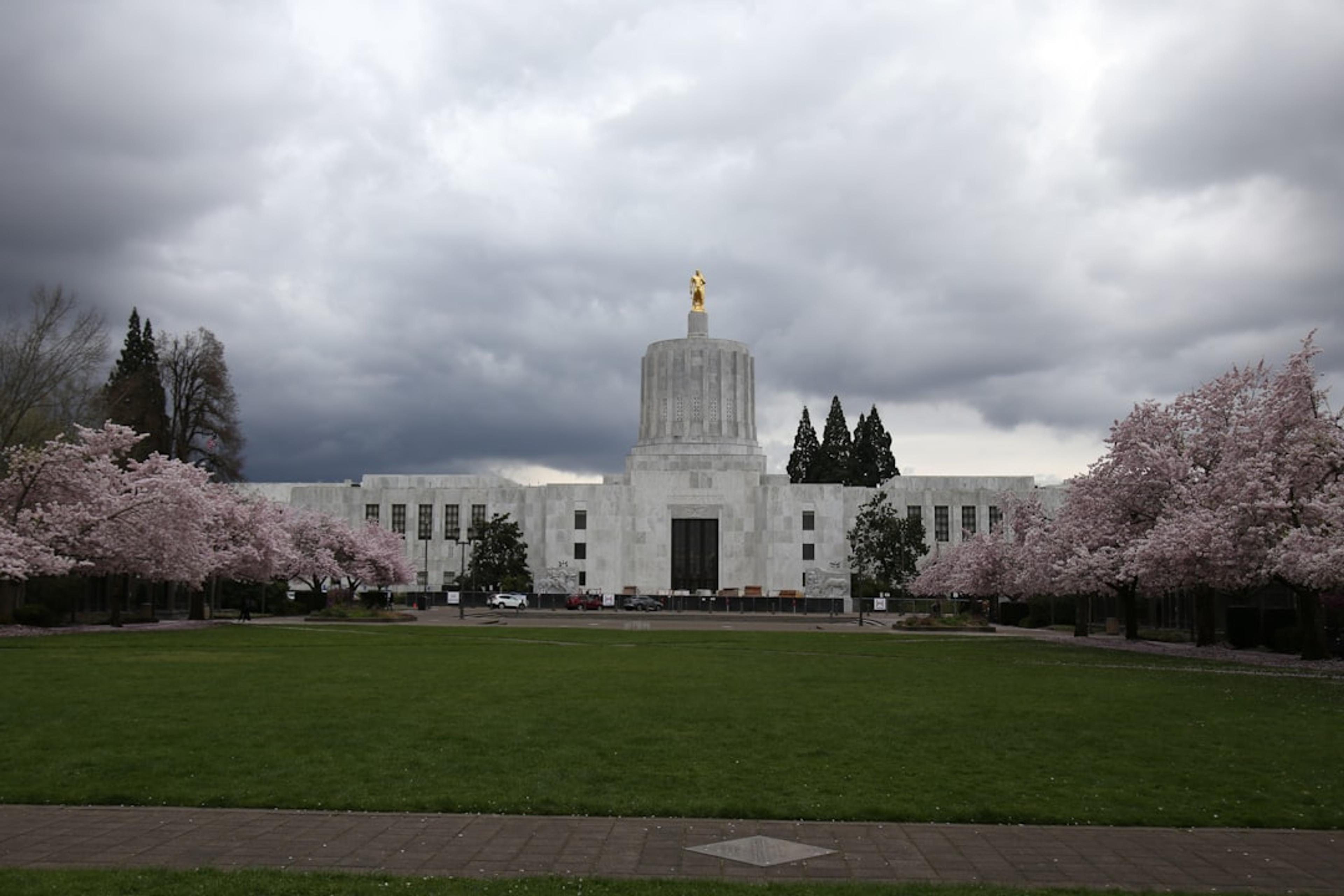 a large white building with trees in front of it