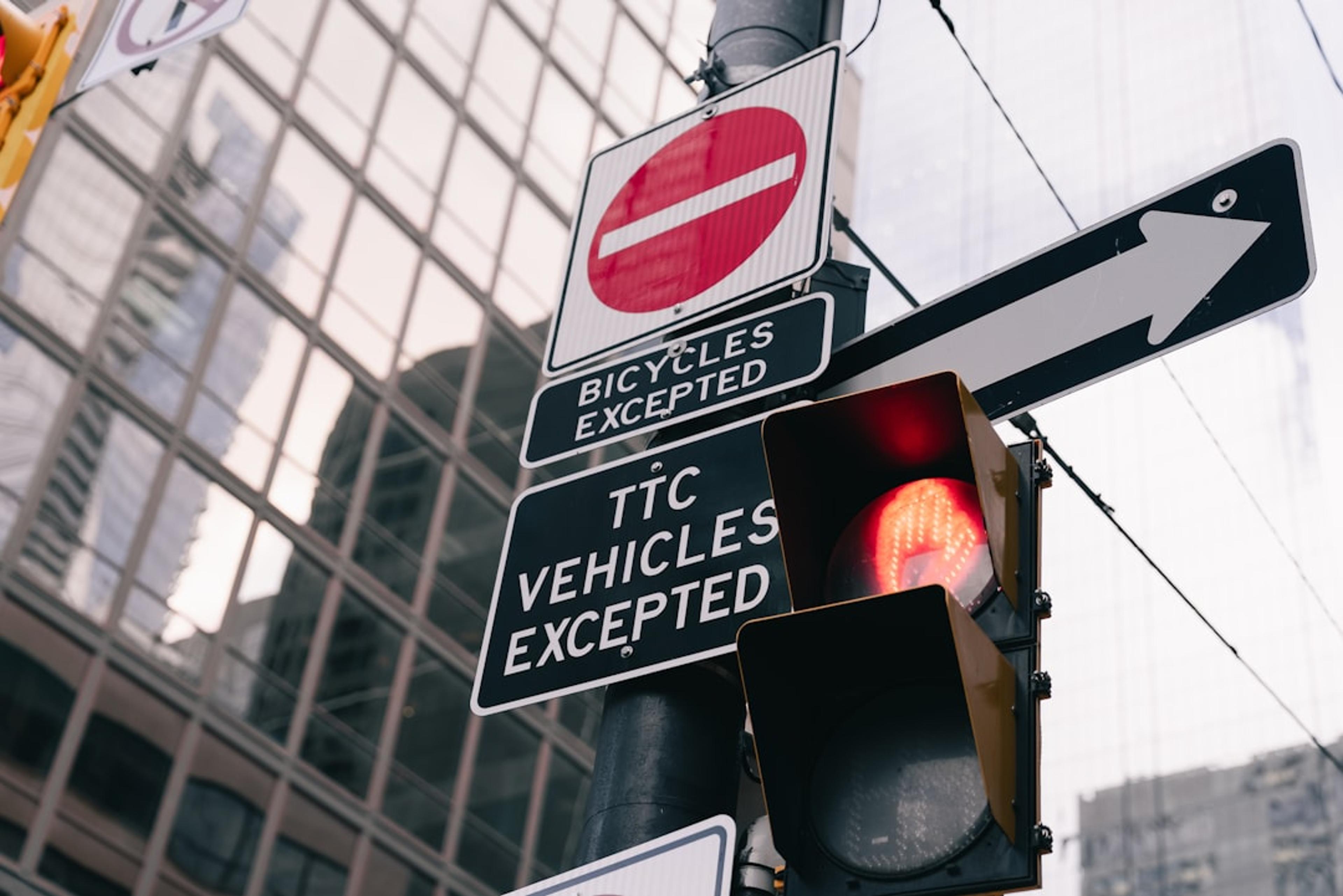 Street signs and traffic light on pole