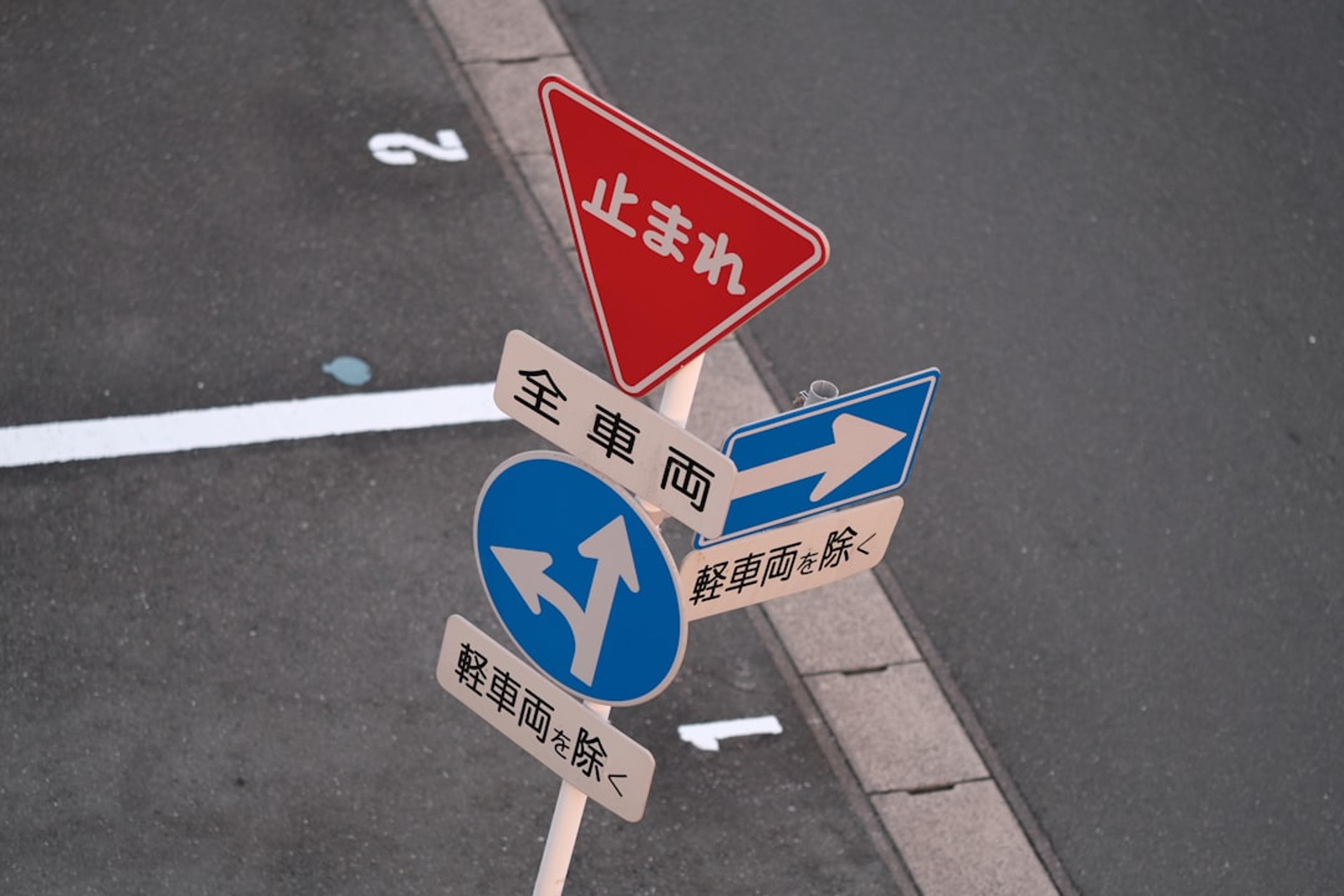 a couple of street signs sitting on the side of a road