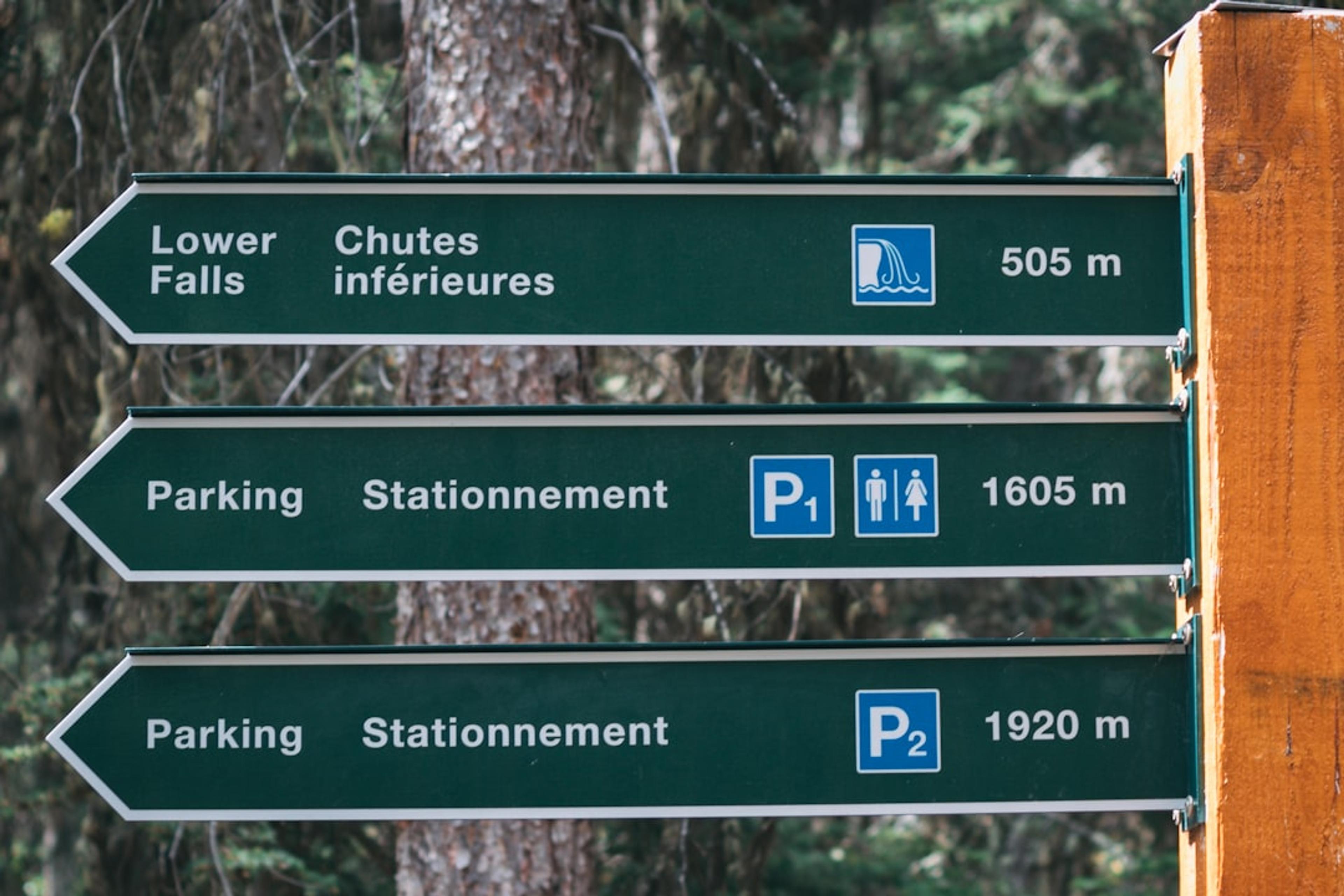 A wooden sign pointing in different directions in a forest
