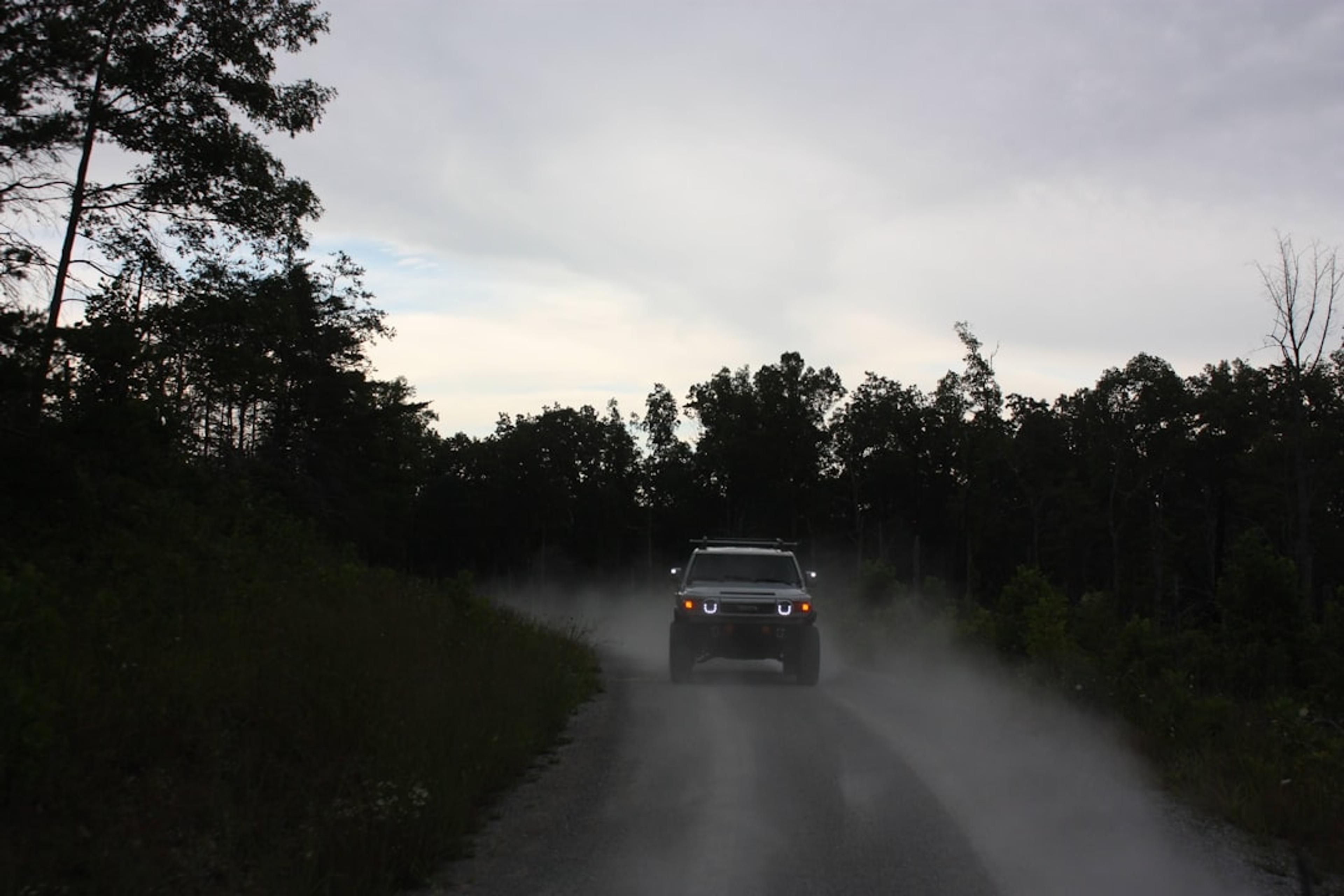 black suv on road between green trees during daytime