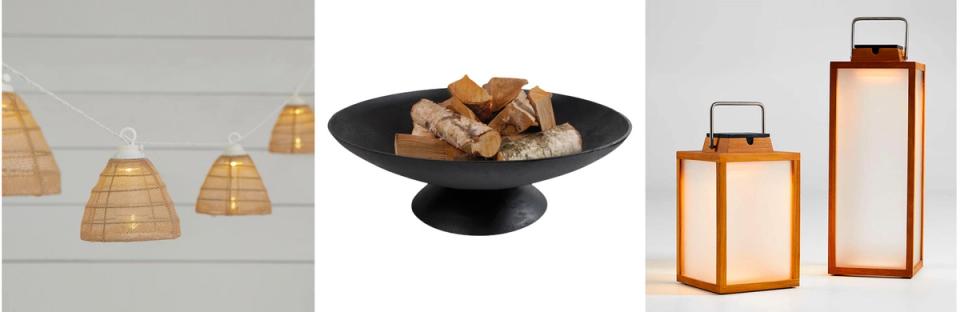 Patio decor elements: woven pendant lights, black centerpiece bowl, and modern lanterns