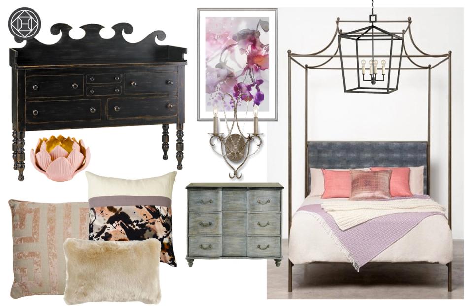 Eclectic bedroom mood board featuring black Victorian furniture, floral accents, and romantic canopy bed