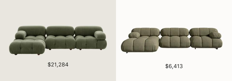 Modern sculptural sofas in sage green and neutral, featuring rounded puffy design aesthetic