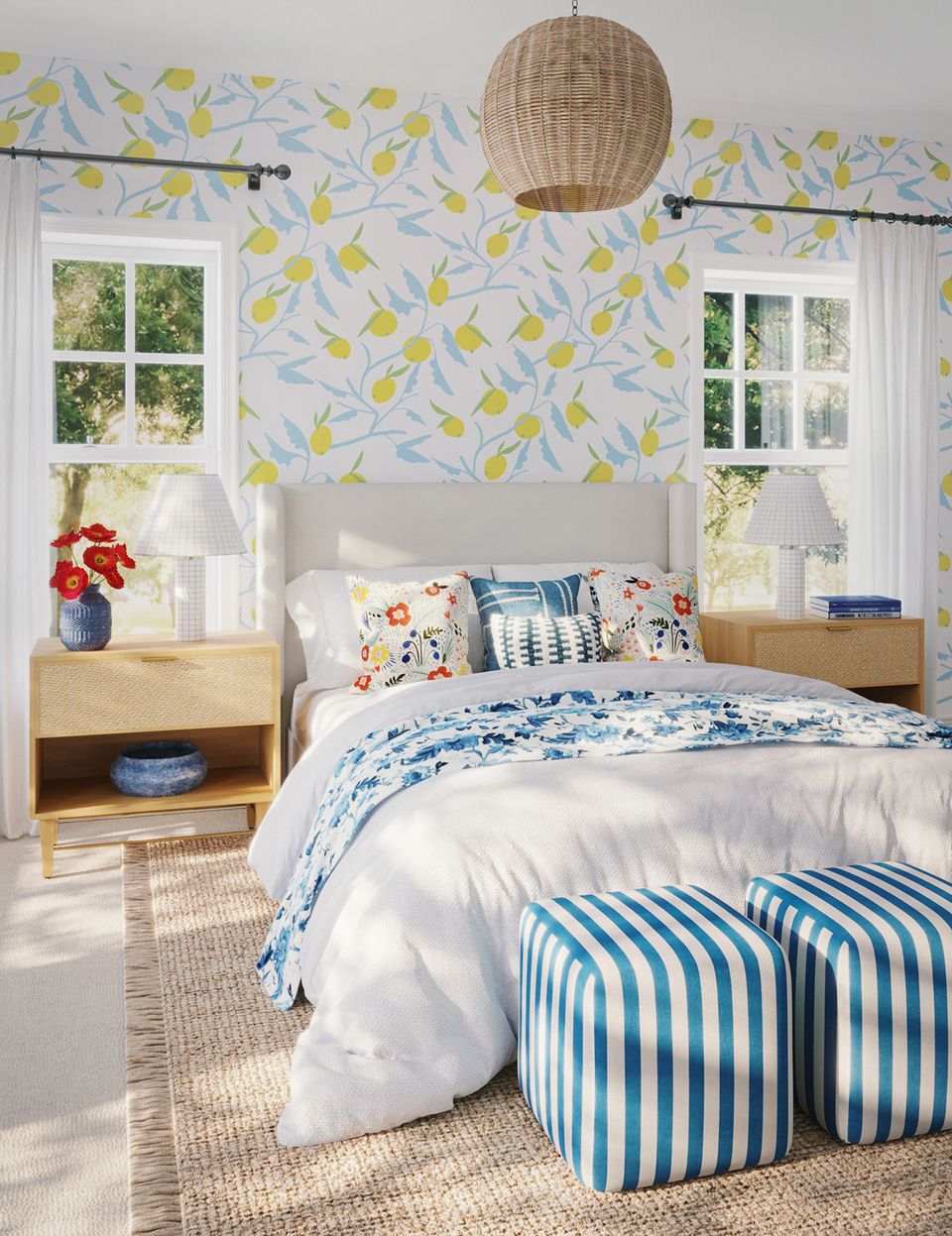 Fresh, airy bedroom with cheerful yellow leaf wallpaper, blue striped accents, and natural light evoking bright, youthful optimism.
