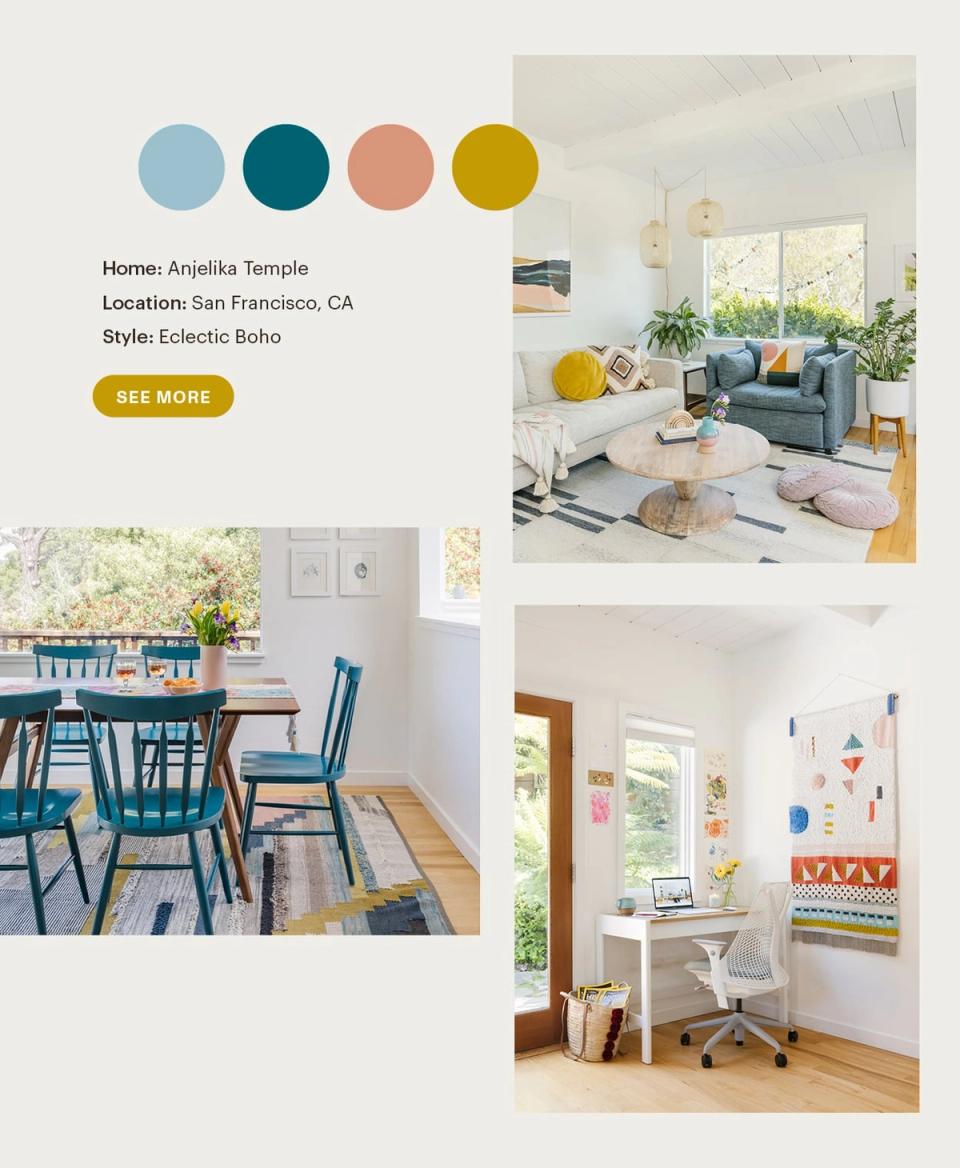 Eclectic boho living space with teal, dusty rose, and golden yellow against soft white and natural textures