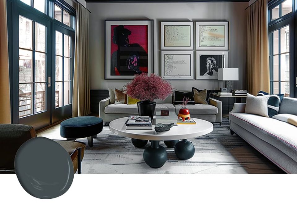 Contemporary living room blending deep navy walls with warm wood tones, modern artwork, and sculptural furniture for a gallery-like ambiance