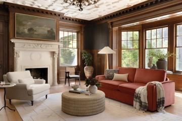 Sophisticated living room with dark wood paneling, cream marble fireplace, terracotta sofa, and layered lighting in classic elegance