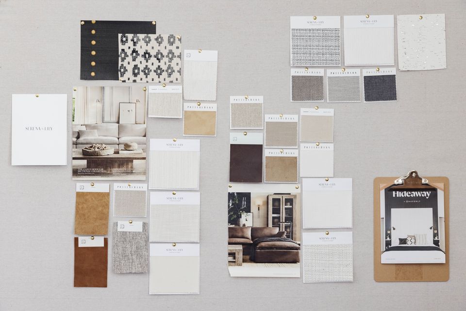 Design mood board with neutral color palette, fabric swatches, and material samples in beige and charcoal tones