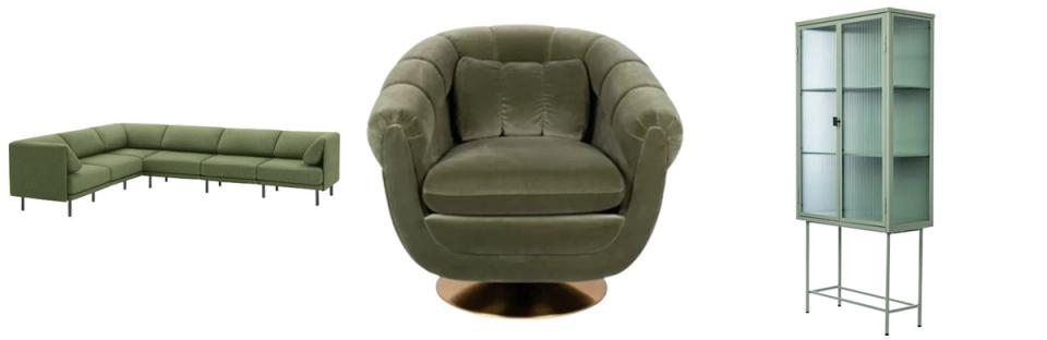 Sage green upholstered furniture including curved chair, sectional, and modern cabinet display.