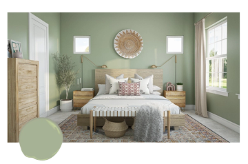 Soft sage green bedroom with natural wood accents, bohemian textiles, and bright windows creating a peaceful, airy retreat