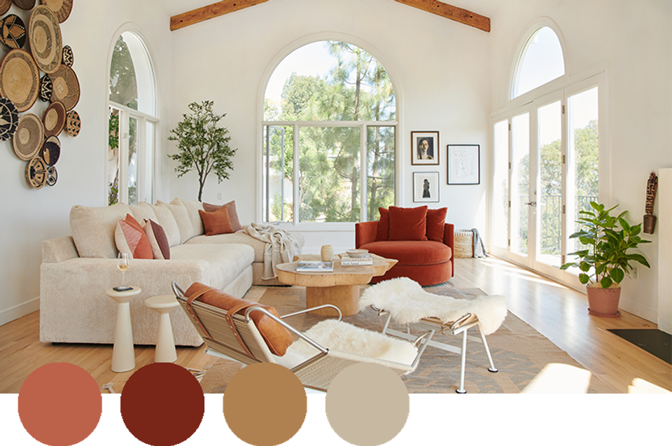 Bright sanctuary blending rust, cream, caramel, and natural wood in modern farmhouse style.