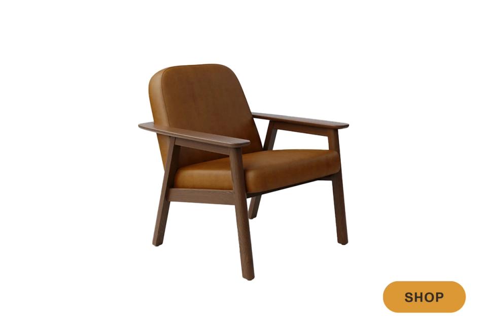Cognac leather mid-century modern lounge chair with wooden frame
