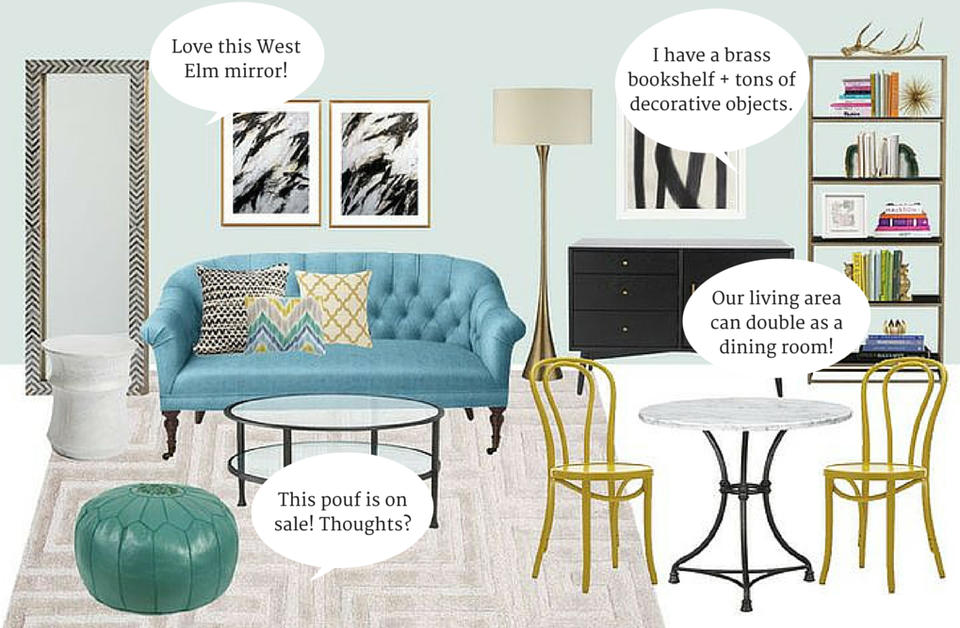 Modern eclectic space blending mid-century turquoise sofa with brass accents, geometric art, and curated bookshelf styling