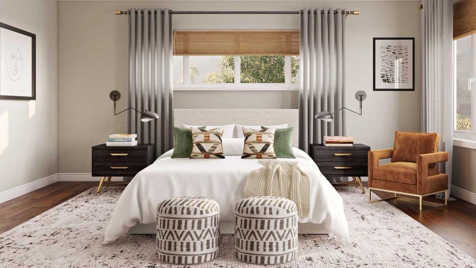 Warm mid-century guest bedroom with neutral palette, layered textures, and symmetrical nightstands flanking a white bed