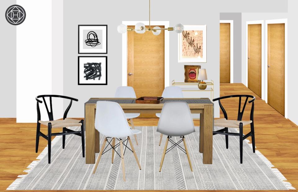 Scandinavian dining room with natural wood table, mixed seating, neutral palette, and geometric rug