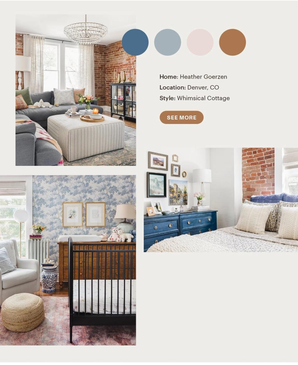 Whimsical Cottage style blending exposed brick, soft blues, blush, and warm wood tones for cozy romantic atmosphere