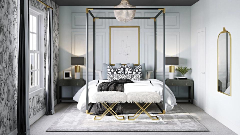 Modern luxury bedroom with black canopy frame, cheetah-print accent pillow, brass bench, and monochromatic palette.
