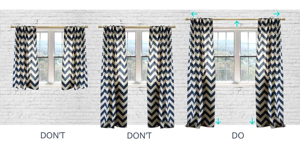 Chevron patterned curtains hung at different heights demonstrating correct and incorrect hanging techniques