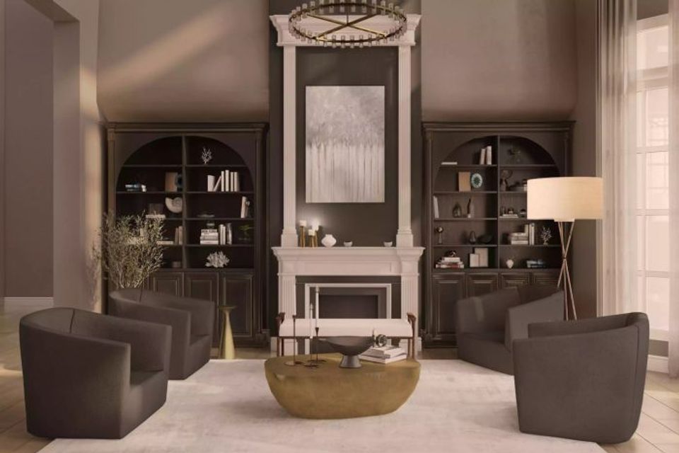 Moody contemporary lounge with dark charcoal walls, brass accents, curved seating, and rich layered lighting for intimate elegance.