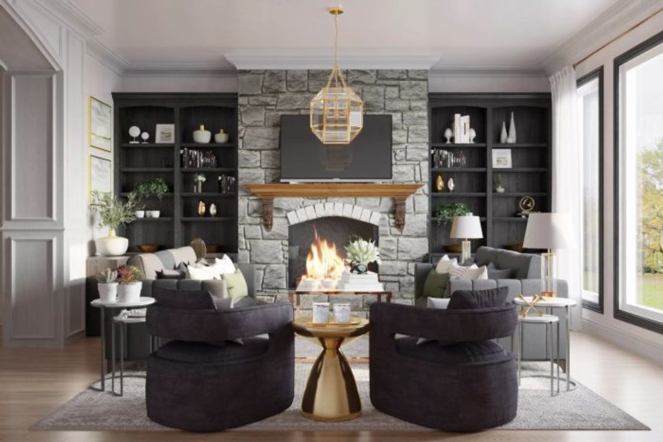 Luxury fireplace focal point with black built-ins, stone surround, and dark seating for sophisticated entertaining space