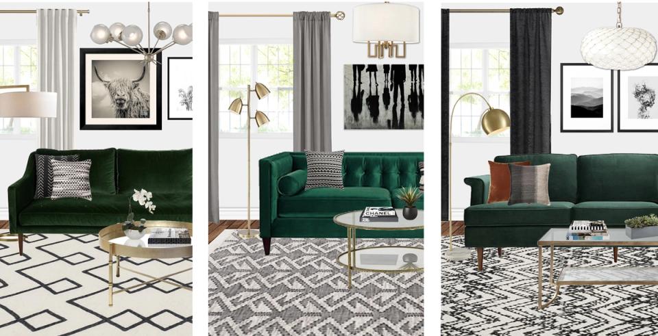 Hygge living rooms with emerald green sofas, geometric rugs, and warm neutral accents creating cozy sophistication