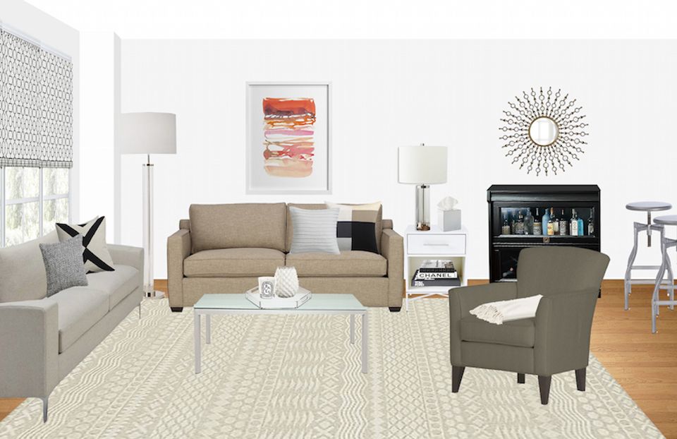 Warm mid-century living room with cream sofa, industrial table lamp, and natural wood flooring throughout.