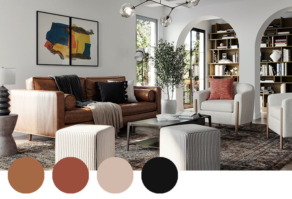 Eclectic living room with cognac leather sofa, terracotta accents, and cream furnishings against light neutral backdrop