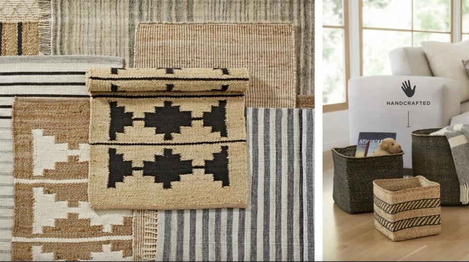Bohemian living space with geometric woven wall hangings, natural fibers, and earth-tone textiles
