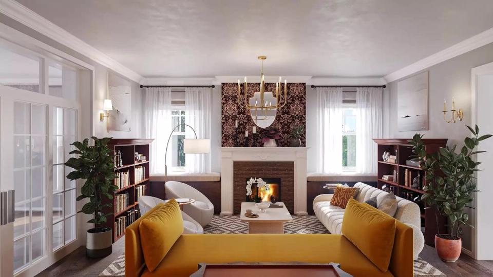 Transitional living room with mustard yellow sofa, warm wood tones, and symmetrical fireplace styling with greenery accents