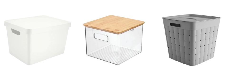 Three storage container styles: white plastic, wooden-topped clear box, and gray woven basket for hidden toy storage.