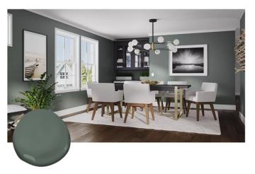 Open-concept dining space with deep green accent wall, mid-century seating, and natural light creating an inviting sophisticated environment