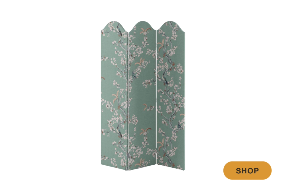 Sage green floral room divider with botanical pattern and arched panels