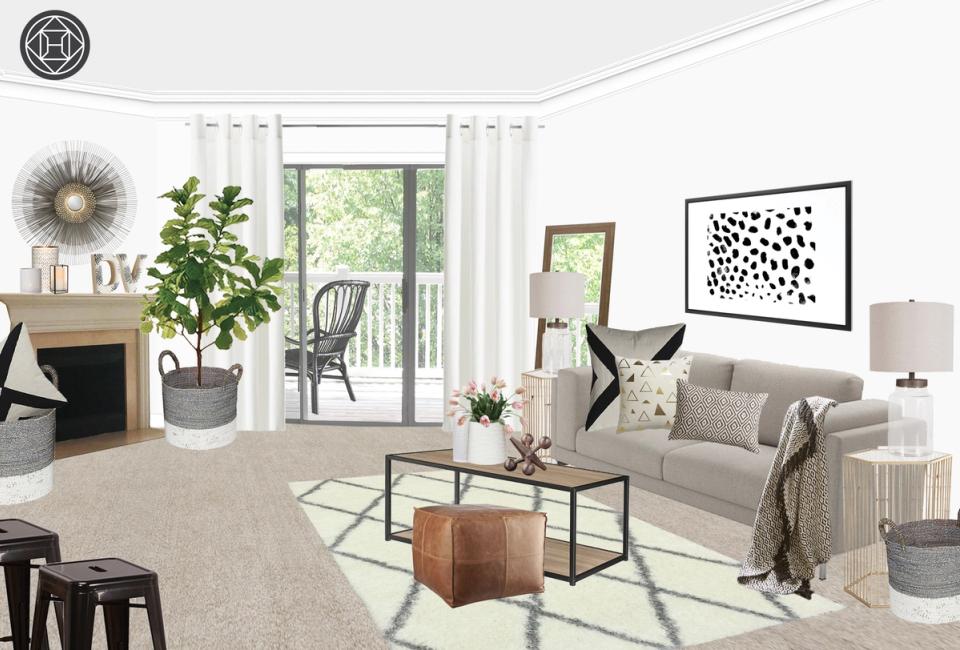 Bright contemporary living room with neutral palette, geometric rug, leather ottoman, potted plants, and minimalist wall decor.
