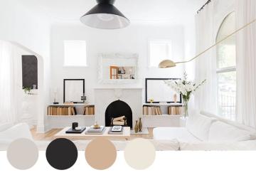 Minimalist bedroom with black and warm beige palette, fireplace focal point, and clean lines creating a serene, sophisticated retreat