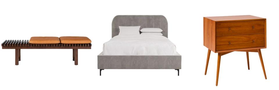 Mid-century modern bedroom set with warm wood tones, gray upholstered bed, and clean-lined furniture in a minimalist aesthetic