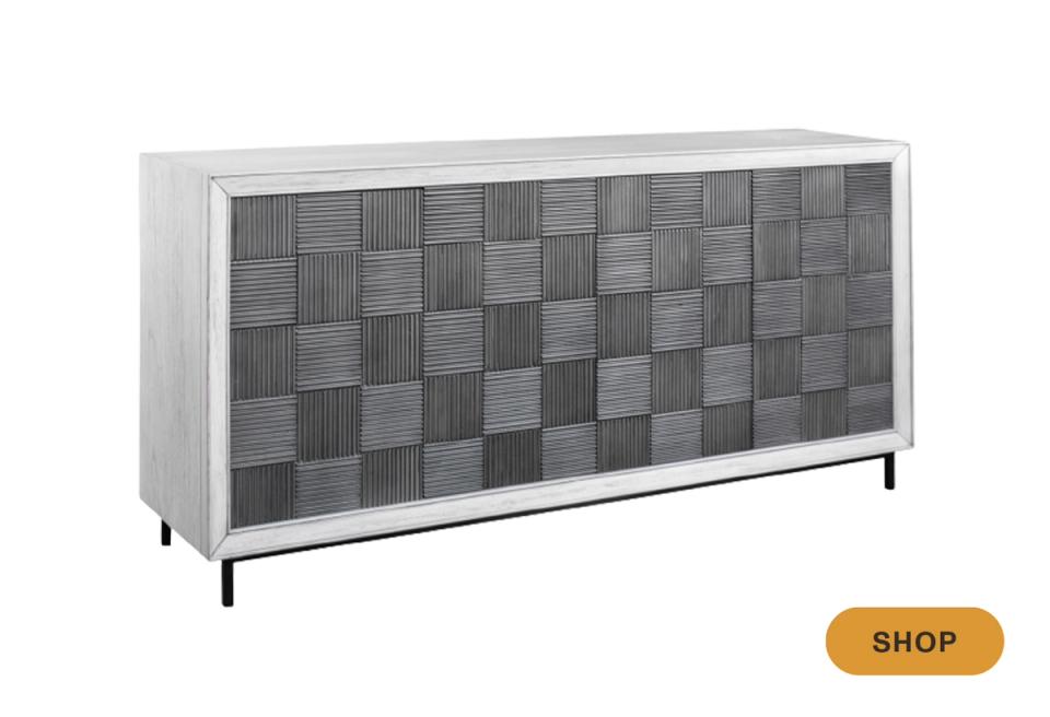 Contemporary credenza with geometric checkerboard texture in charcoal and white