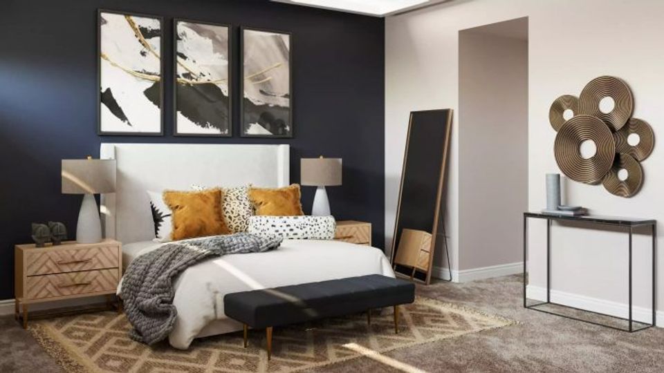 Eclectic bedroom with black accent wall, warm mustard and patterned pillows, natural wood nightstand, and woven wall art for balanced contrast