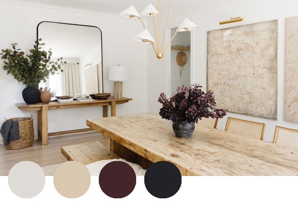 Minimalist workspace featuring light natural wood, deep burgundy florals, and soft neutrals with clean Scandinavian vibes