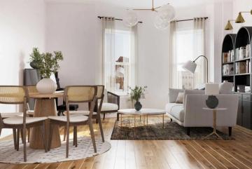 Mid-century modern living room with warm wood tones, neutral palette, clean lines