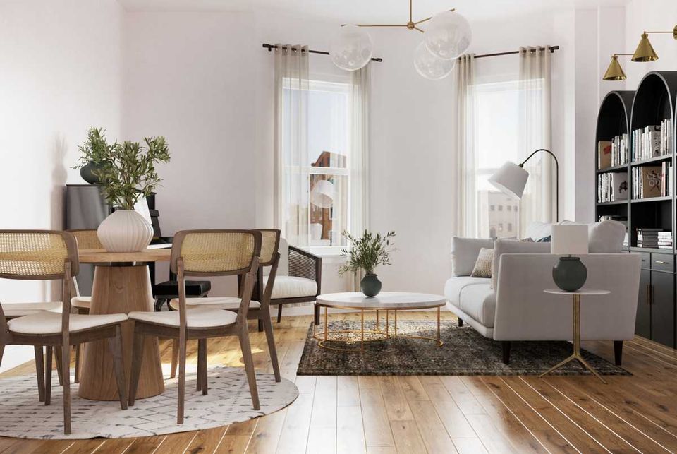 Mid-century modern living room with warm wood tones, neutral palette, clean lines