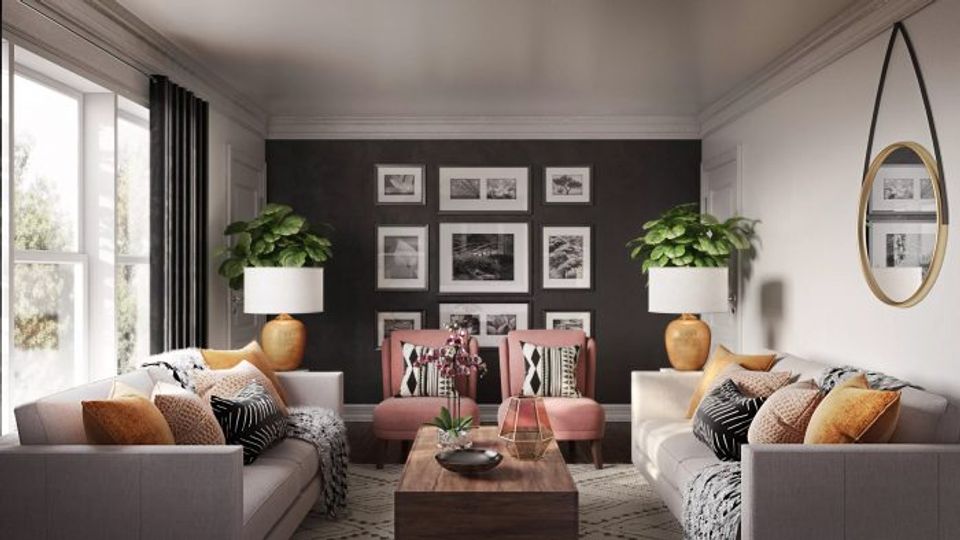 Warm transitional space with charcoal accent wall, rust-gold accents, and symmetrical seating for inviting elegance