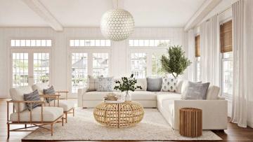 Bright, airy traditional living room with neutral palette, natural wood accents, and abundant natural light from French doors