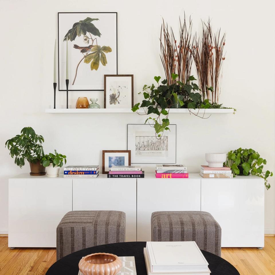 Contemporary minimalist shelving with white cabinetry, botanical artwork, potted greenery, and colorful book accents